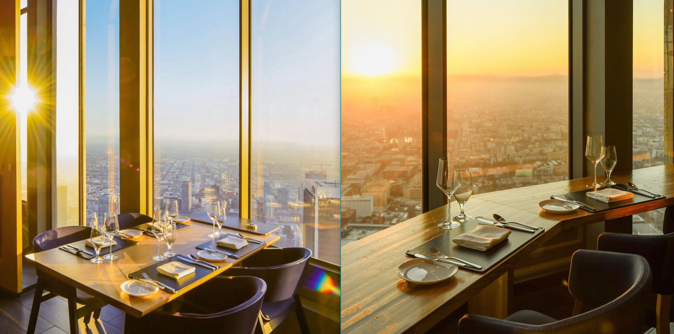Table settings with a panoramic view of the city at sundown at 71Above in Los Angeles