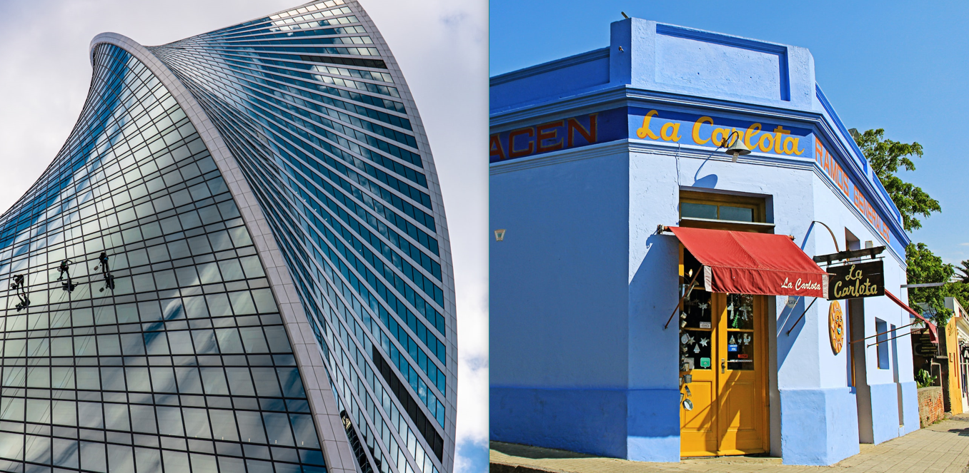 Three window cleaners at the Evolution Tower in Moscow; a blue-painted corner store called La Carlota in Uruguay