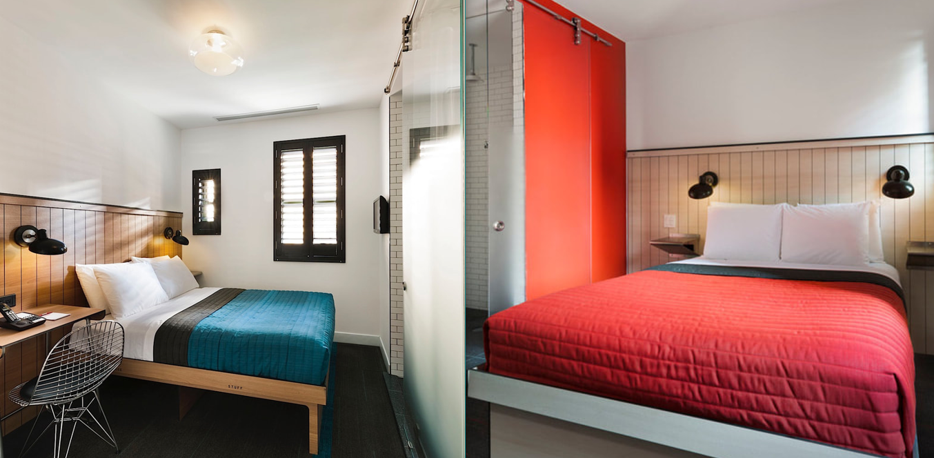 Left: Queen room with white and blue bedsheet; right: Queen ADA room with red bedsheet at Pod 39 Hotel in New York