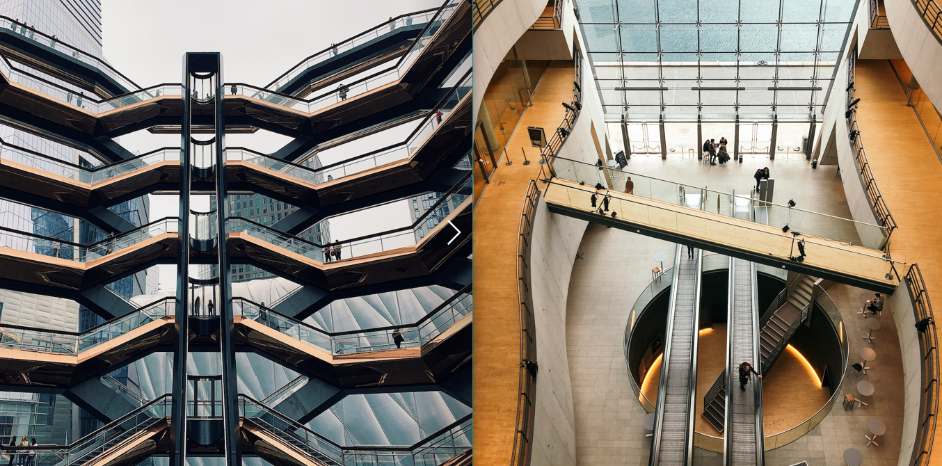 Geometrical bridges at Hudson Yards in New York; top view of a floor opening at Black Diamond in Denmark