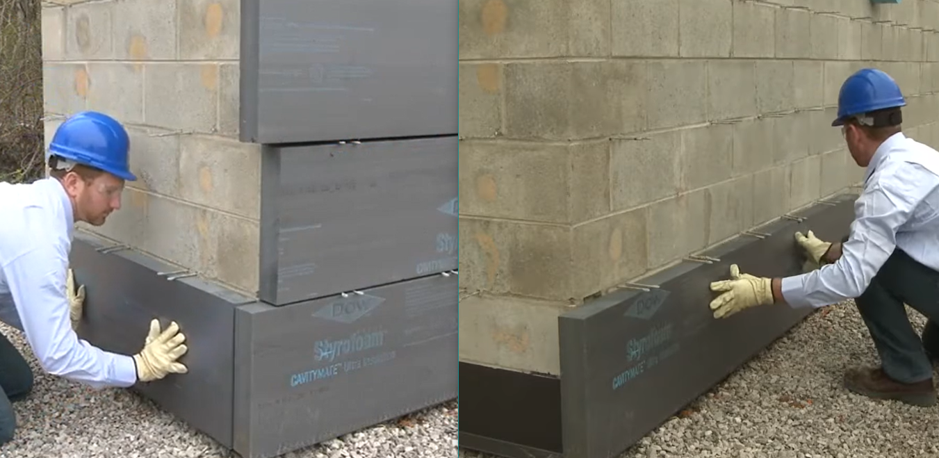Man in long sleeve polo and blue hard hat installing Styrofoam Cavitymate Ultra barrier wall system on a wall