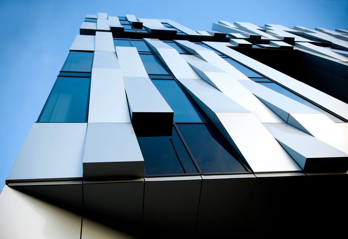 A building with aluminum composite material (ACM) panels for its exterior design
