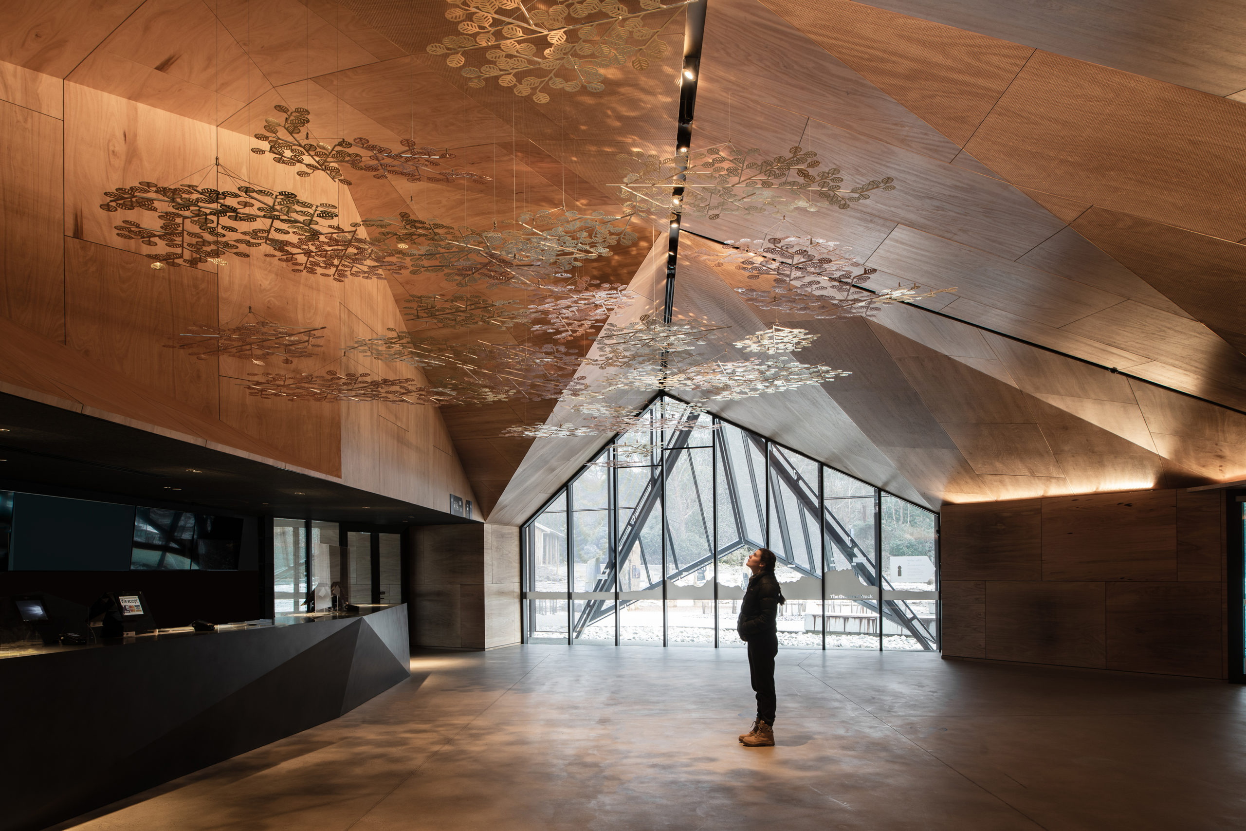 A girl looking at the beautiful ceiling design of a Cradle Mountain Visitor Centre