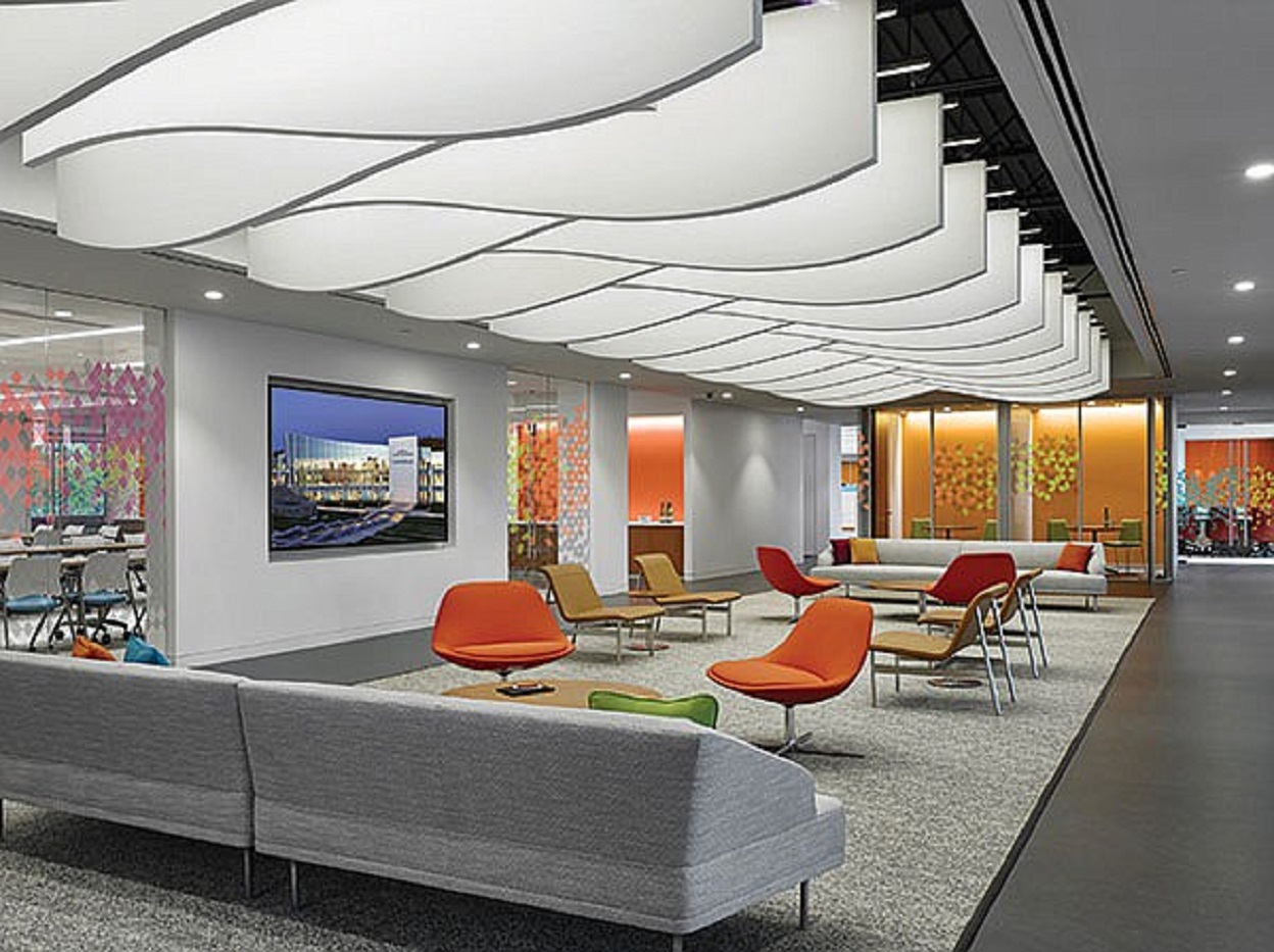 A sleek and well-lighted lounge area at Saint-Gobain North America in Malvern, Pennsylvania