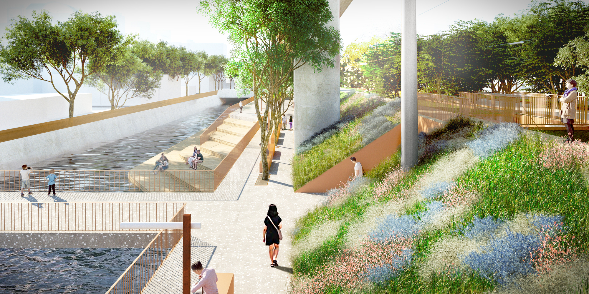 An abandoned train track is transformed into a linear park